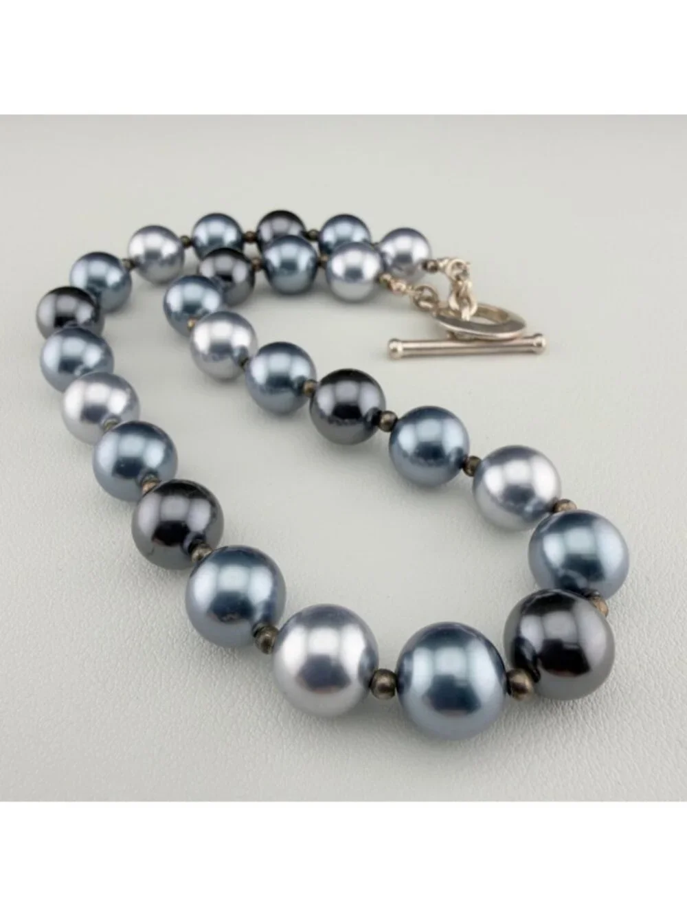 Gray Glass Bead Faux Pearl Necklace Large Luster Chunky 15 inch